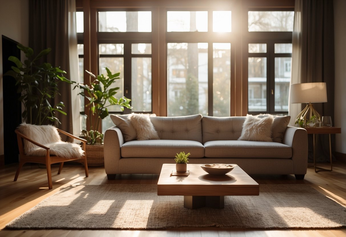 A cozy living room with a plush sofa and armchair, each adorned with sleek, transparent furniture protectors. Sunlight streams through the window, casting a warm glow on the polished wood floors