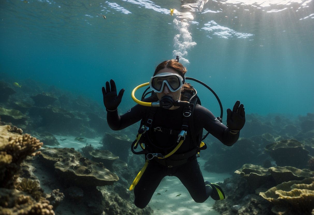 Diver approaches marine wildlife cautiously, maintaining a safe distance. Uses slow, calm movements and avoids sudden gestures. Respects their natural habitat and refrains from touching or disturbing the animals