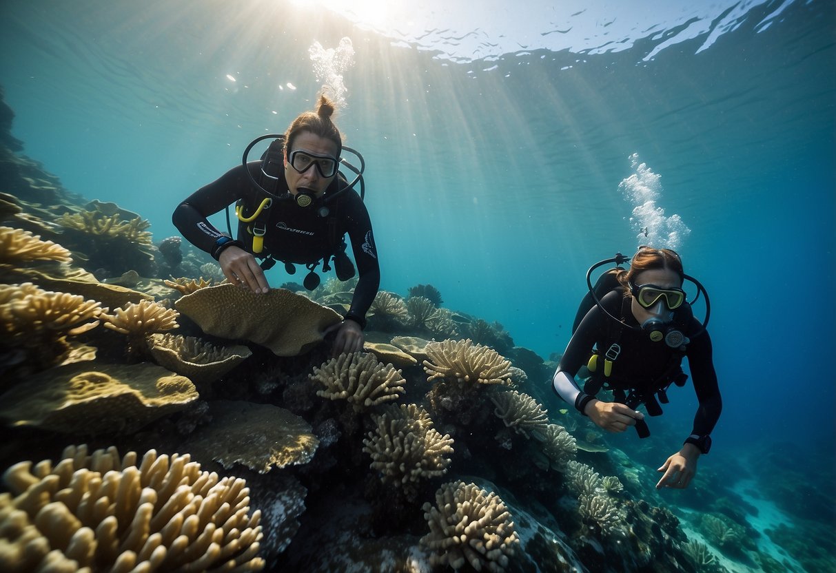 Divers swimming near coral reef, avoiding contact with marine wildlife, picking up trash, and using sustainable diving practices