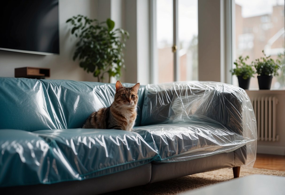 A living room with a sofa and chair covered in clear plastic furniture protectors. A curious pet approaches cautiously