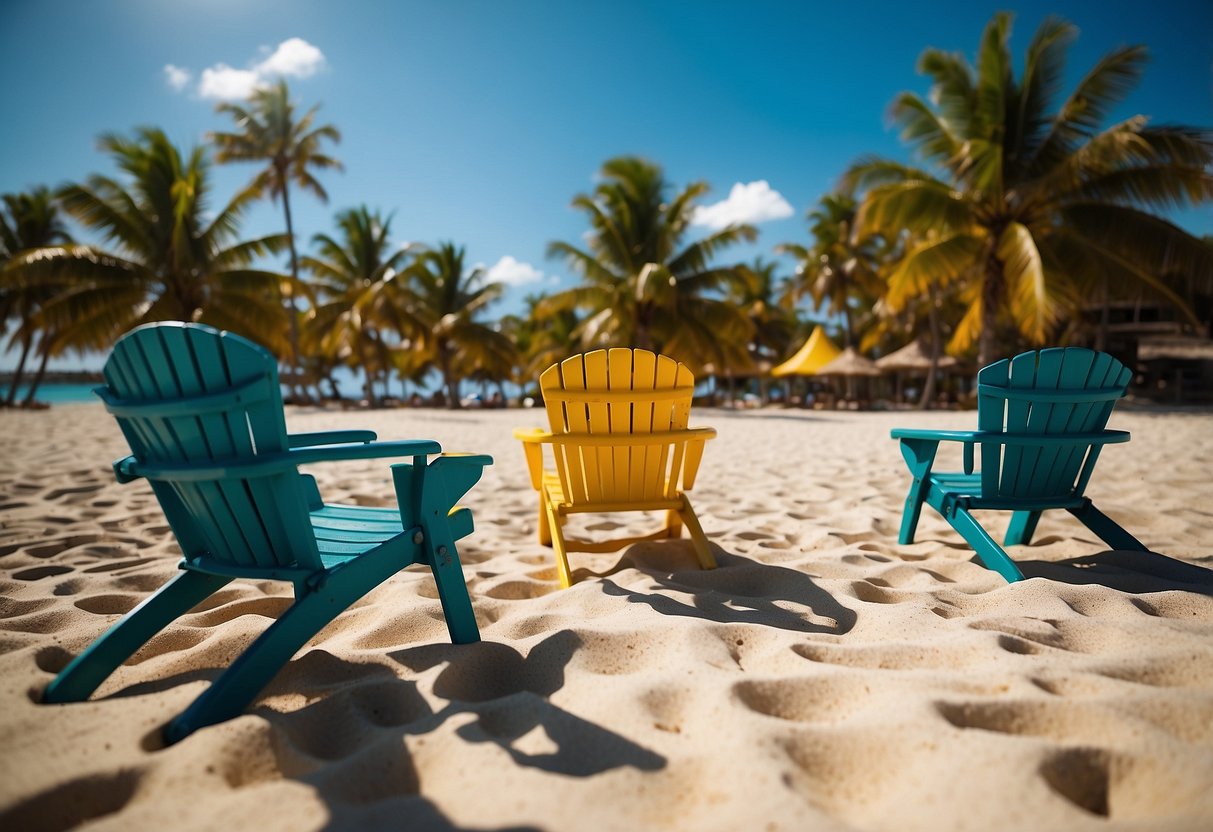 Five diving chairs on a sandy beach with clear blue water in the background, surrounded by palm trees and colorful fish swimming nearby