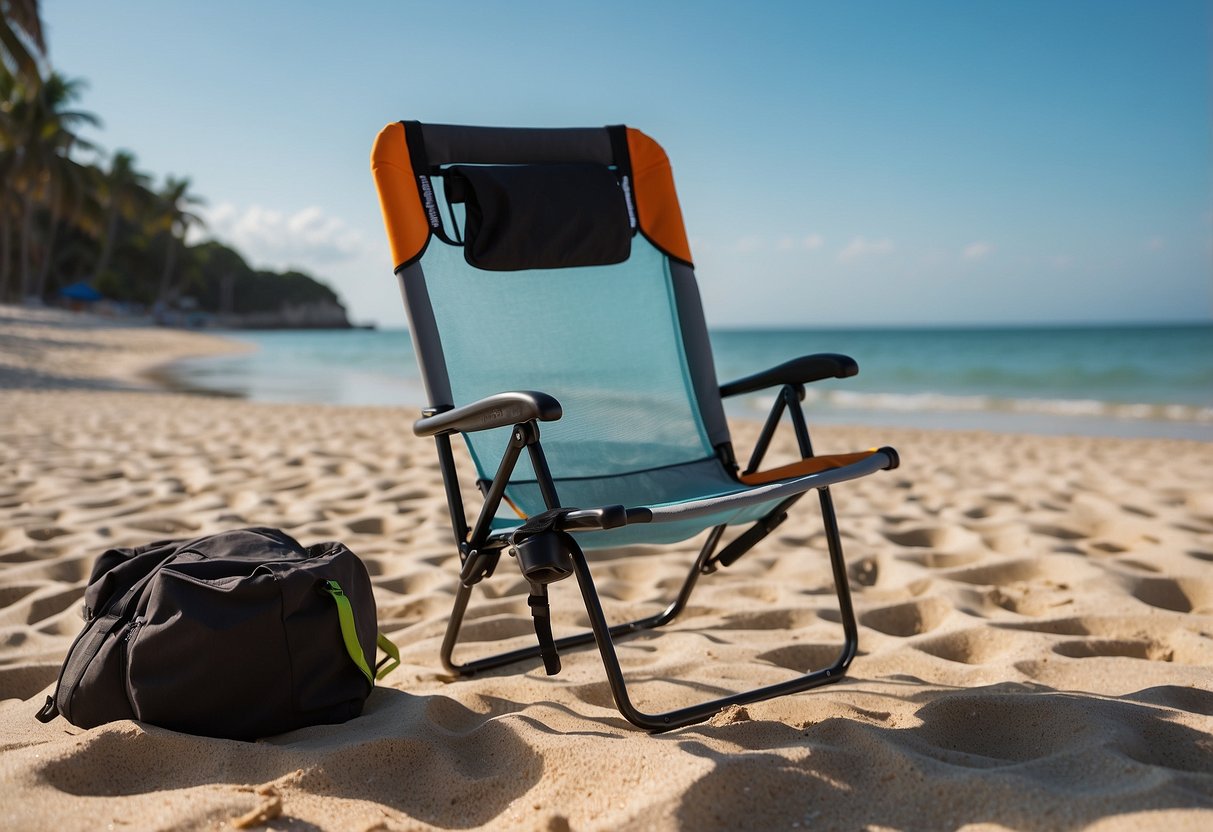 A backpacker unfolds a Helinox Chair Zero on a sandy beach, with crystal clear water and a diving boat in the background