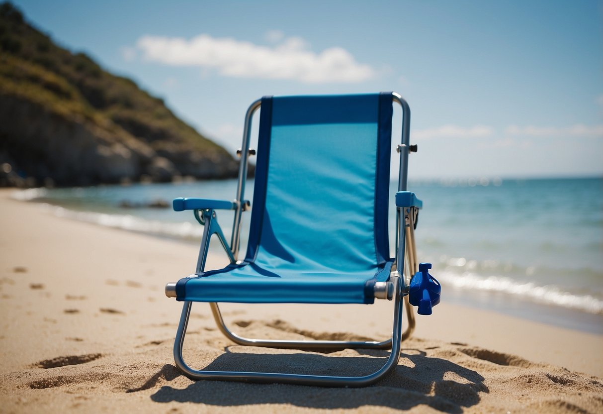 A lightweight diving chair sits on the sandy beach, with the clear blue ocean in the background. The chair is sturdy and compact, perfect for divers to relax and gear up for their underwater adventures