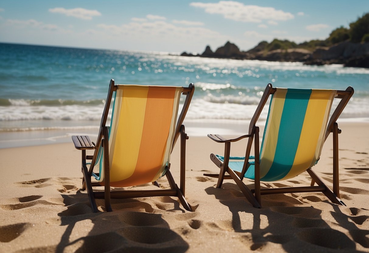 A sunny beach with calm waves, surrounded by colorful coral reefs. Five lightweight diving chairs are set up on the sand, with a backdrop of clear blue skies and a few scattered clouds