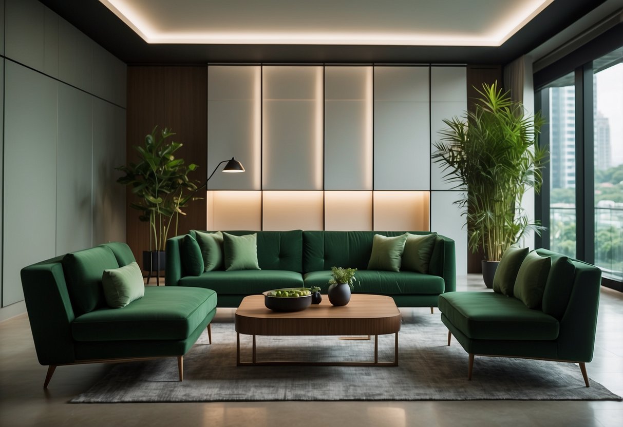 Lush green furniture in a modern Singapore setting. Clean lines, sleek design, and natural elements create a serene and stylish atmosphere