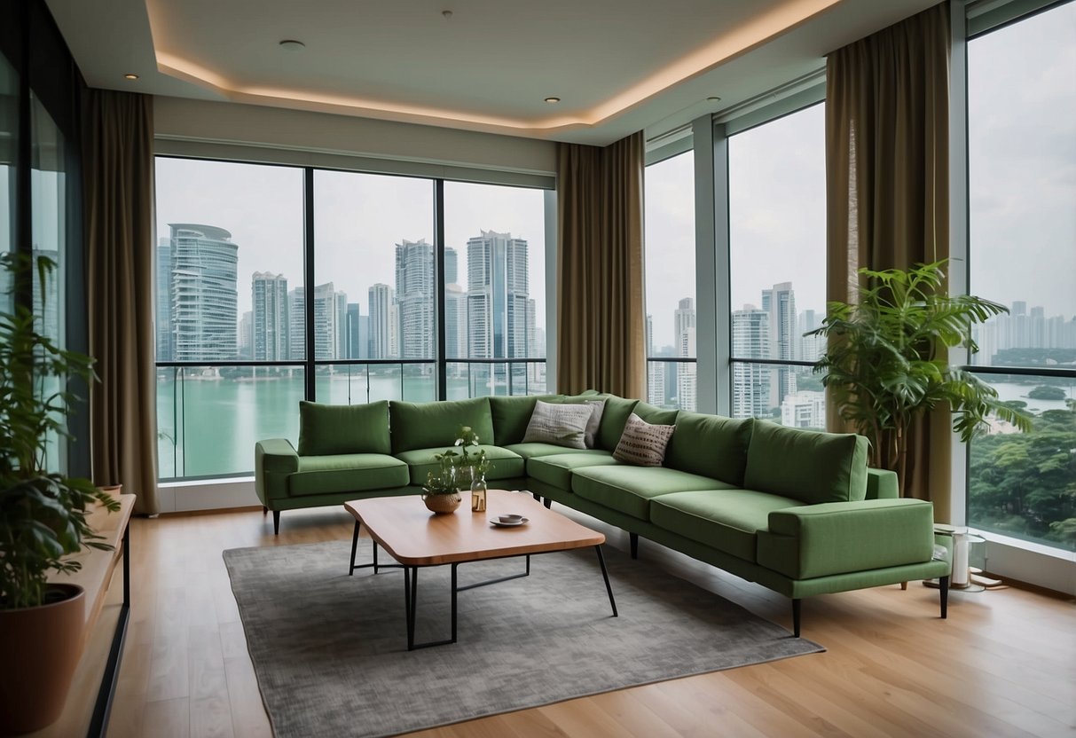 A modern living room with sleek, eco-friendly furniture in Singapore. Natural light streams in through large windows, highlighting the vibrant green hues of the furnishings