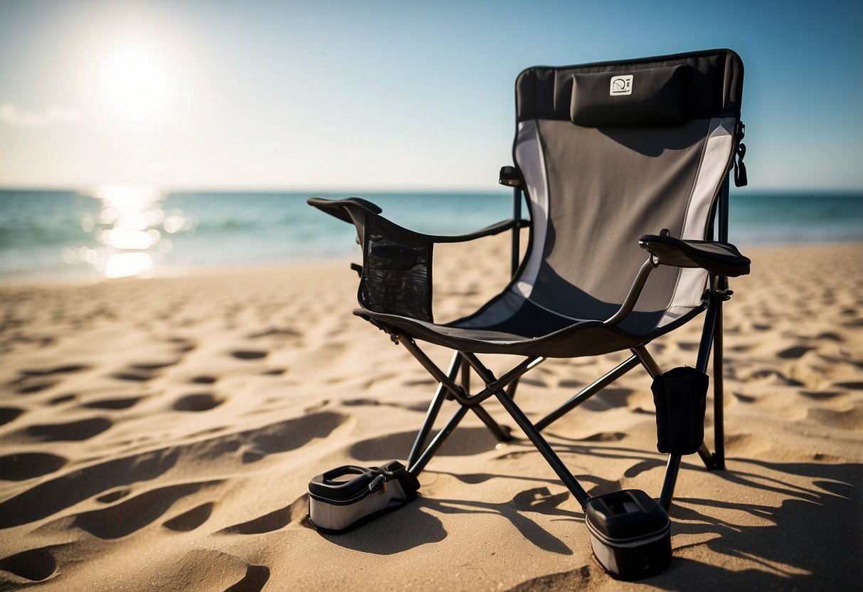 A lightweight diving chair sits on a sandy beach, surrounded by diving gear and accessories. The chair is folded and compact, with adjustable straps and reinforced stitching for durability