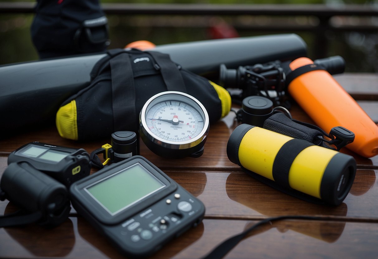 A diver's equipment laid out on a boat deck: compass, depth gauge, dive computer, underwater flashlight, signal tube, surface marker buoy, and underwater slate