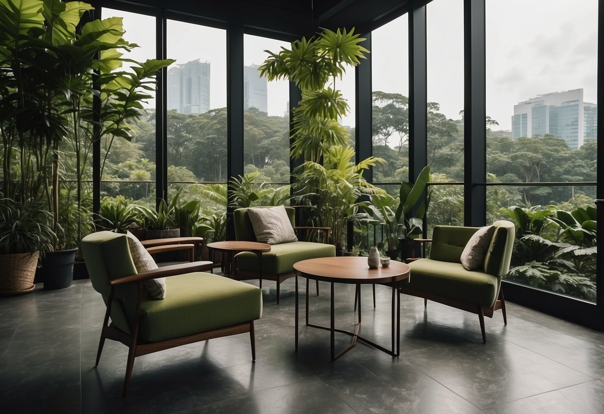 A lush, green forest with sustainable furniture in a modern Singapore setting