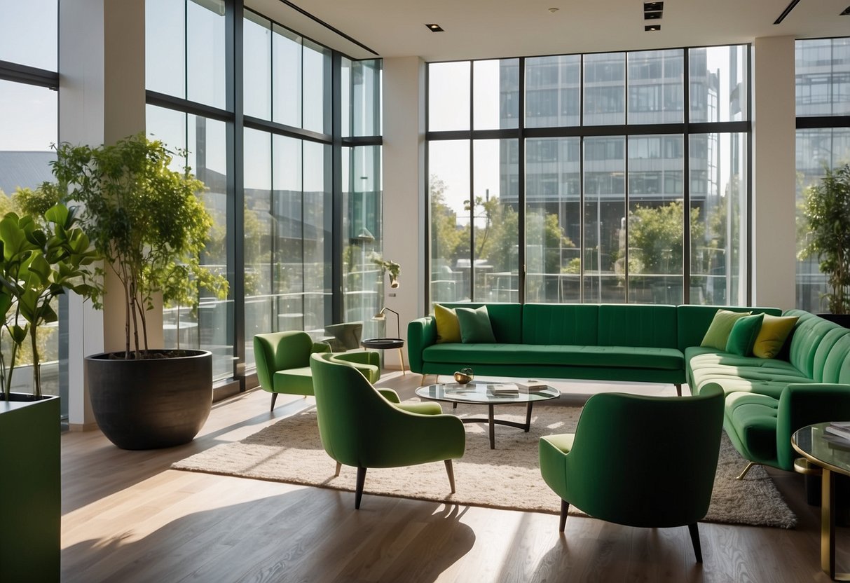 A sleek, modern showroom with vibrant green furniture arranged in a spacious and inviting layout. Light streams in through large windows, illuminating the stylish pieces