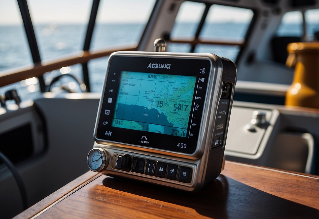 The Aqua Lung i770R diving computer surrounded by essential navigation tools on a boat deck, with a compass, dive slate, and underwater map