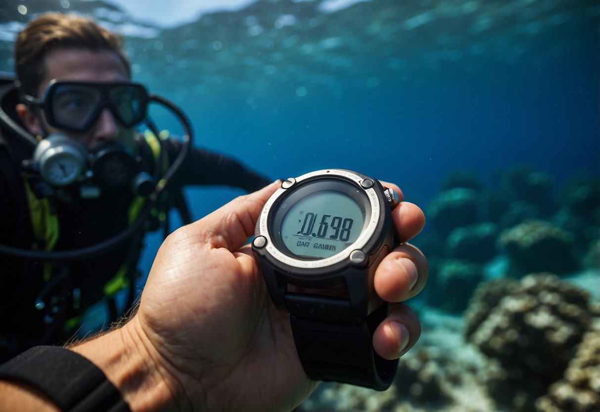 A diver's hand holding a Garmin Descent G1 with compass, depth gauge, and dive planner. Underwater terrain and marine life in the background