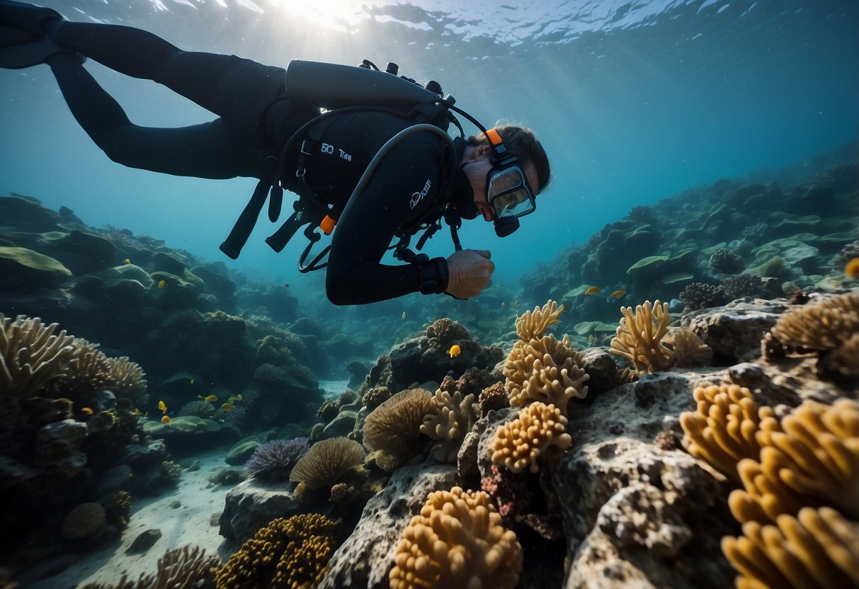 A diver's hand adjusting a compass on a rocky ocean floor, surrounded by colorful coral and marine life, with a dive slate and underwater camera nearby