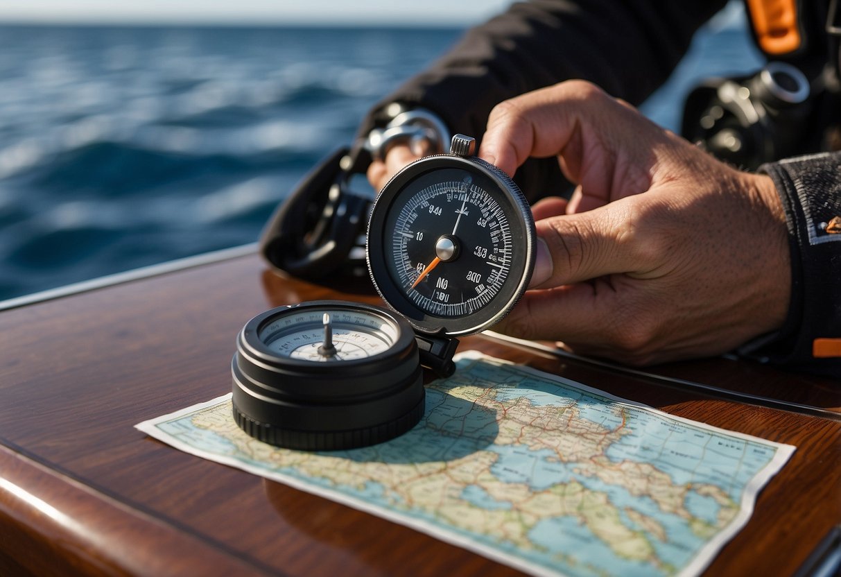 A diver's hand holds a compass, while a dive computer, depth gauge, and underwater map are spread out on a boat deck, emphasizing the importance of reliable navigation tools for diving trips