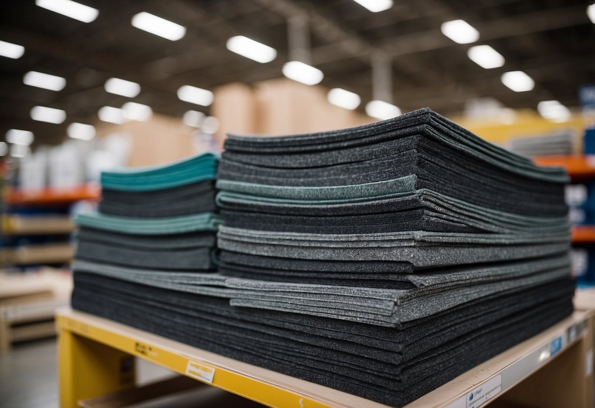 A stack of furniture pads sits on a shelf at Lowe's, with various sizes and shapes neatly arranged