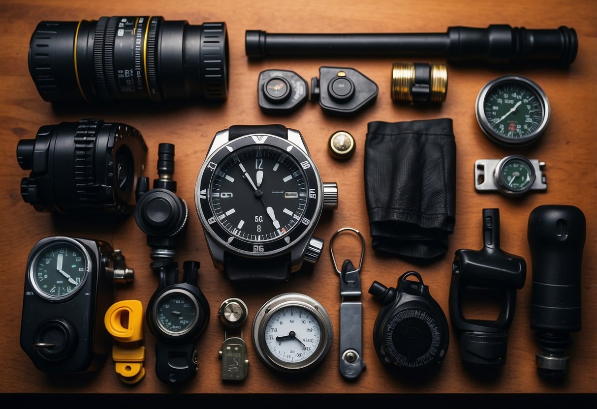 A diver's gear laid out on a table: compass, dive computer, underwater flashlight, depth gauge, snorkel, dive flag, reel, and underwater slate