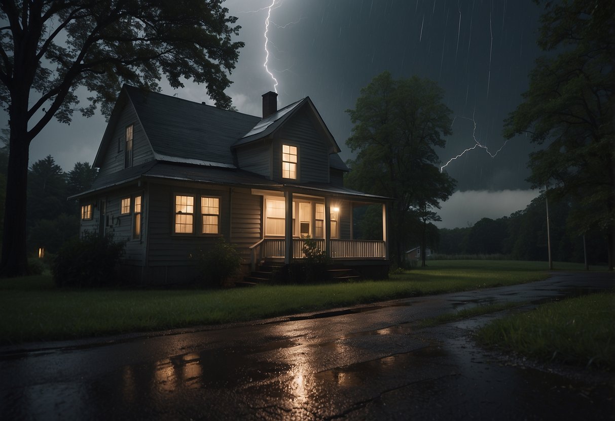 Dark clouds loom overhead, lightning flashes in the distance. Trees sway violently in the wind as rain pours down. A house stands sturdy with boarded windows, while a flashlight and emergency kit sit ready nearby