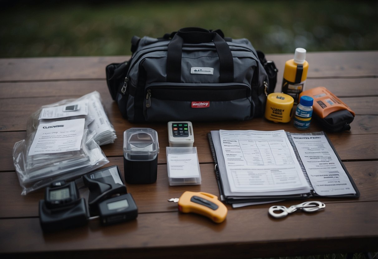 Dark storm clouds loom overhead as lightning strikes in the distance. A sturdy emergency kit sits ready with supplies, while a checklist of 7 safety tips is prominently displayed