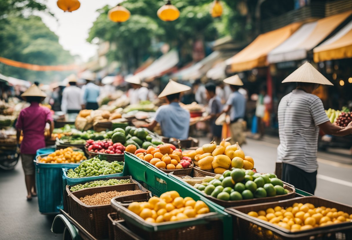 The bustling streets of Thailand's capital, filled with colorful markets and vibrant street vendors, surrounded by ornate temples and bustling tuk-tuks