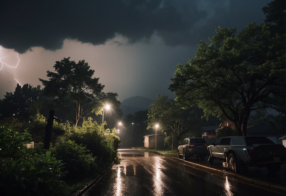 Dark stormy sky, trees swaying violently, and rain pouring down. Electrical appliances unplugged and covered. Safety checklist on the wall