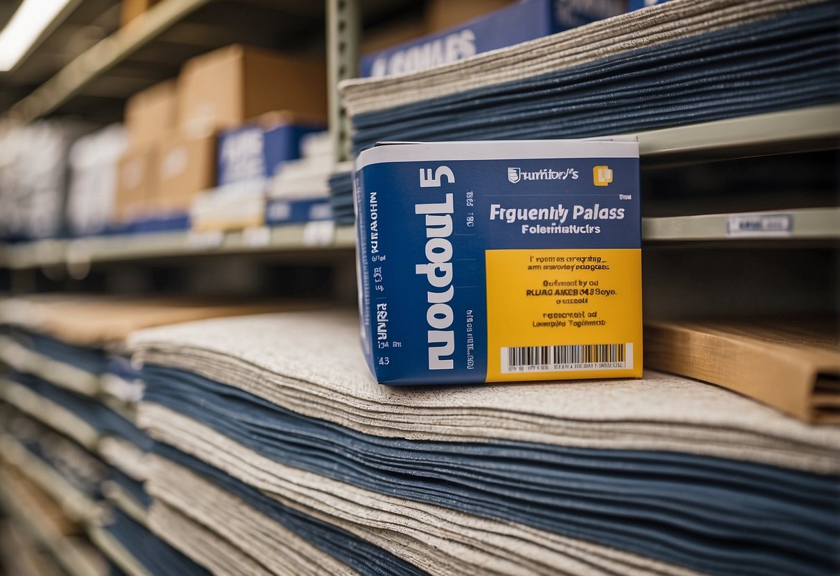 A stack of furniture pads labeled "Frequently Asked Questions" on a shelf at Lowe's