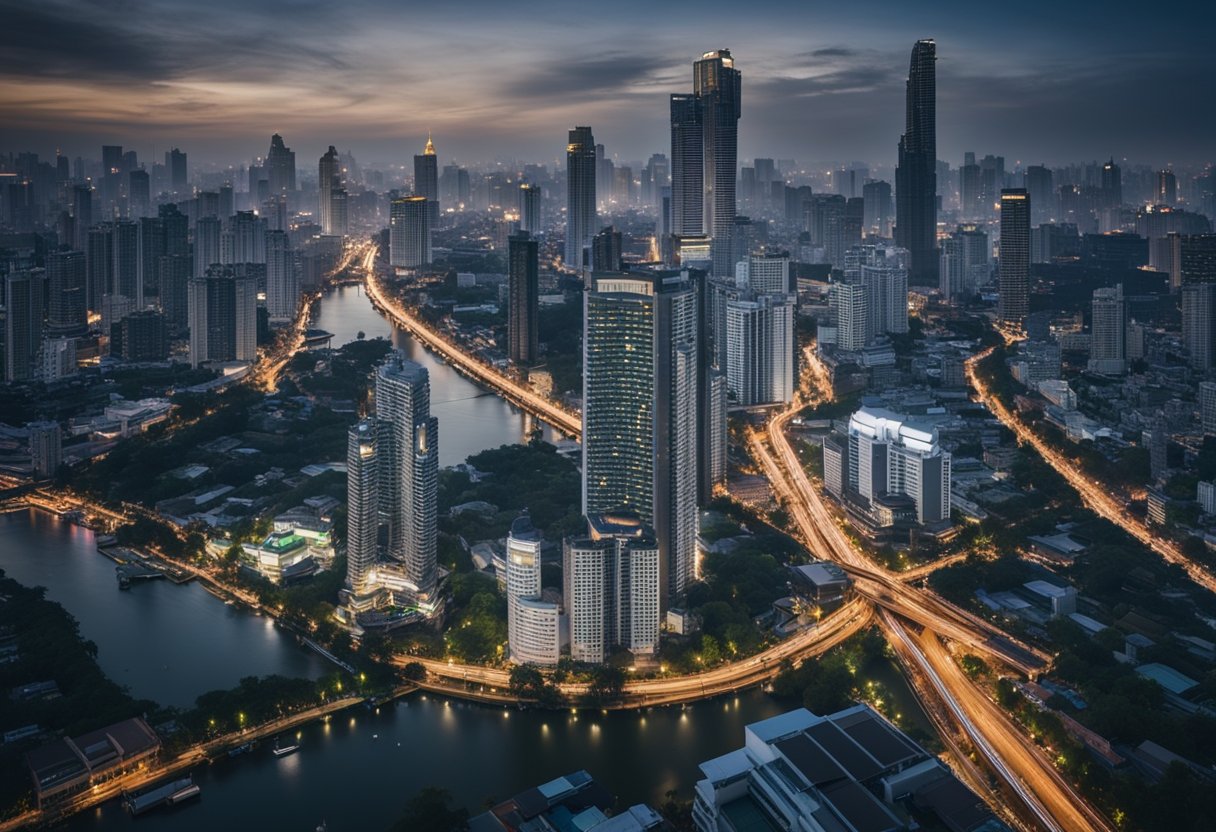 A bustling cityscape with towering skyscrapers, traditional Thai architecture, and a network of winding canals cutting through the urban landscape