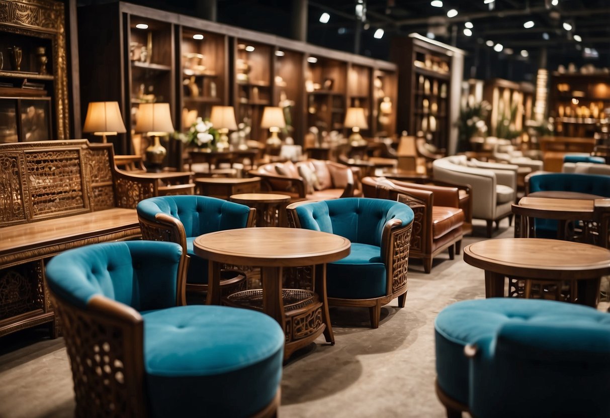The bustling Foshan furniture market showcases rows of elegant chairs, tables, and cabinets. Brightly lit displays highlight the craftsmanship of the wooden and upholstered pieces