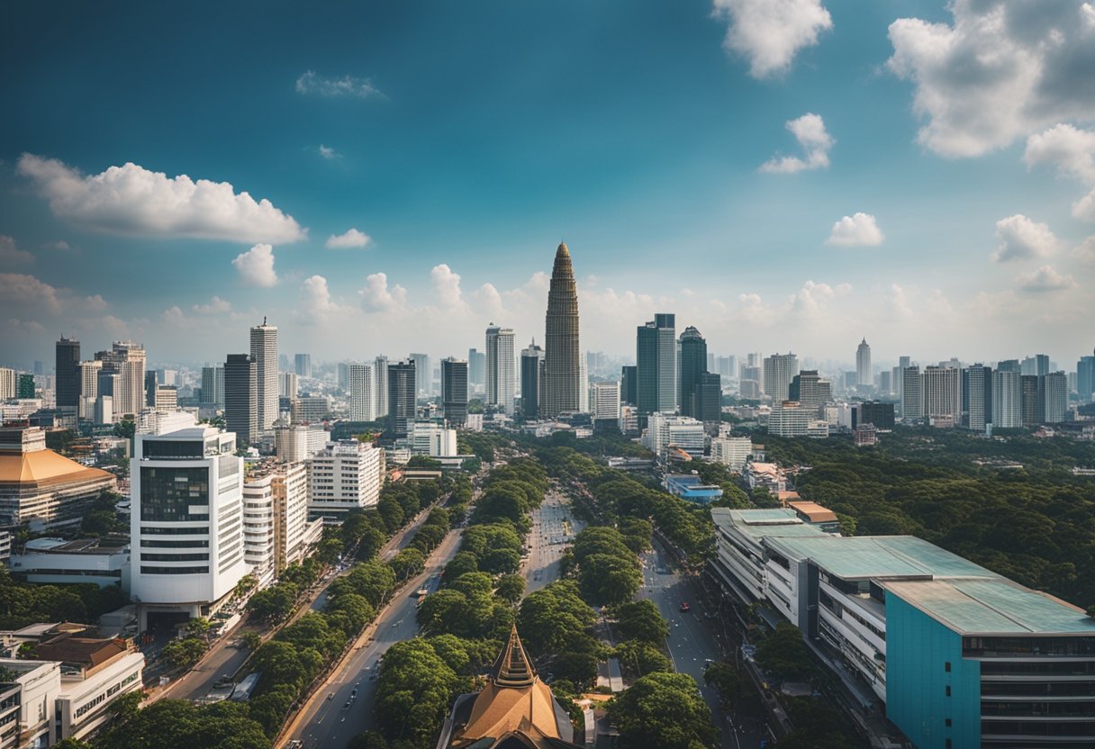 The bustling streets of Thailand's capital, with government buildings and political landmarks dominating the skyline