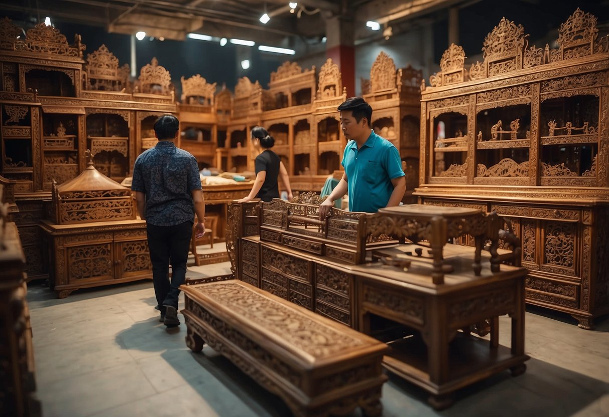 Customers browse through rows of intricately carved wooden furniture at Foshan Furniture Market. Brightly colored textiles and ornate decorations catch the eye
