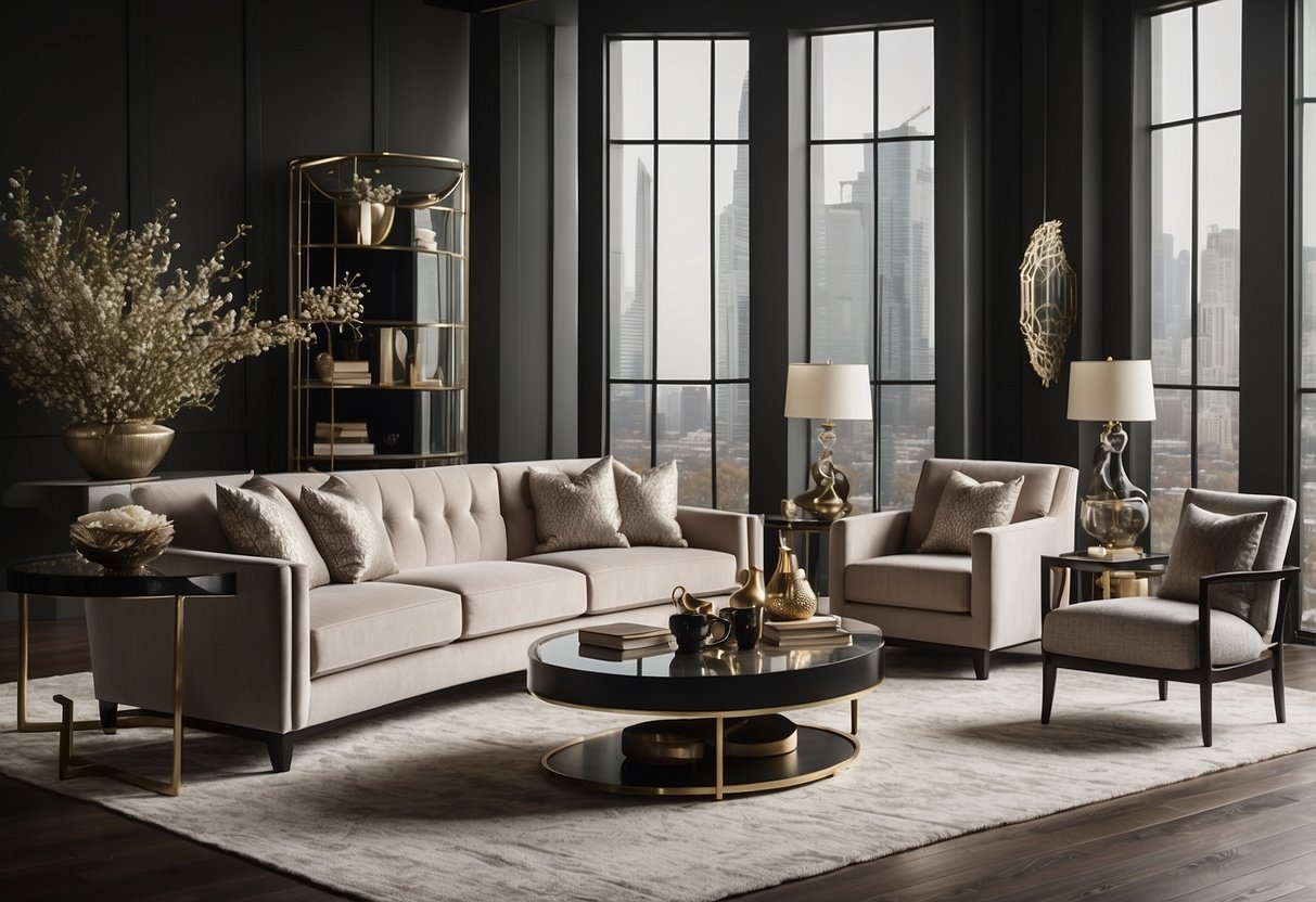 A modern living room with Bernhardt furniture, featuring a sleek sofa, elegant coffee table, and stylish accent chairs