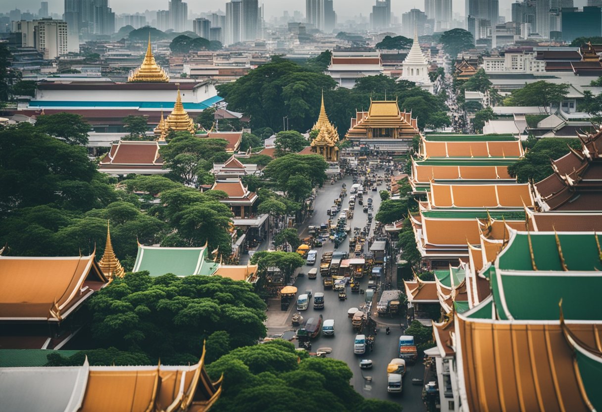 Busy streets of Bangkok, with colorful temples and bustling markets, surrounded by lush greenery and traditional Thai architecture