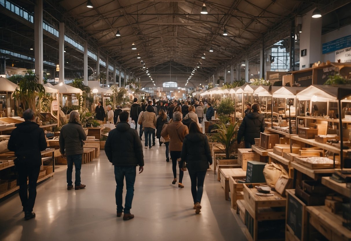 Visitors navigate through a bustling furniture market, with vendors showcasing a wide array of products in a spacious and well-lit environment