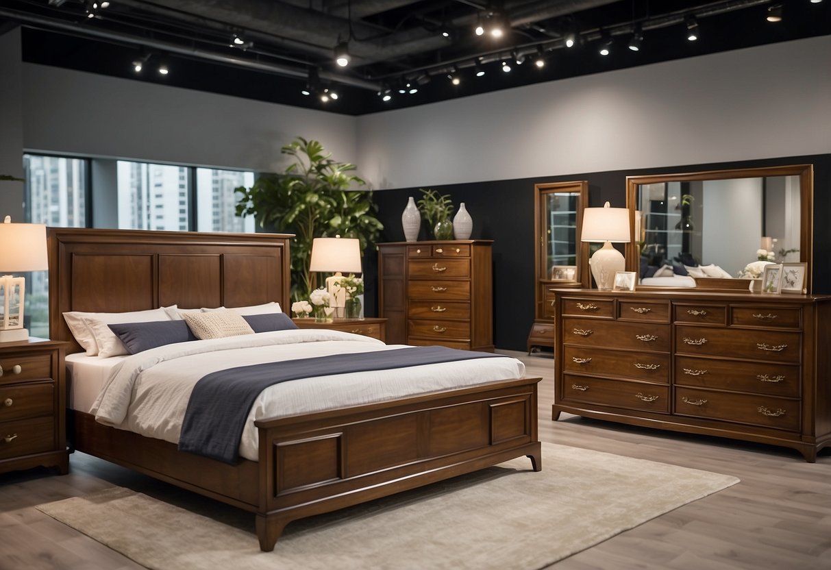 A bedroom furniture sale in Singapore: A variety of bed frames, dressers, and nightstands displayed in a spacious and well-lit showroom