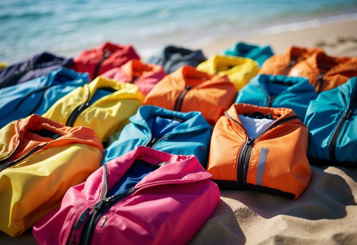 A group of colorful lightweight diving jackets arranged neatly on a sandy beach with crystal clear blue water in the background