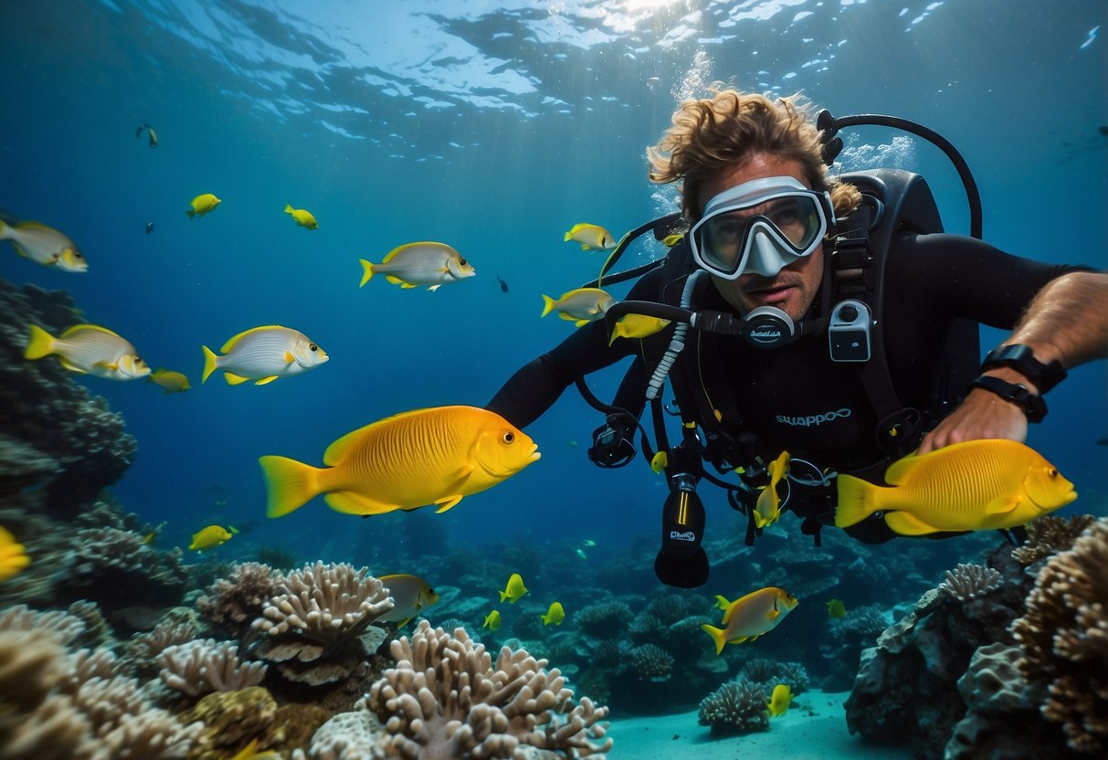 A diver in a lightweight Scubapro Hydros Pro jacket descends into crystal-clear waters, surrounded by colorful fish and vibrant coral reefs