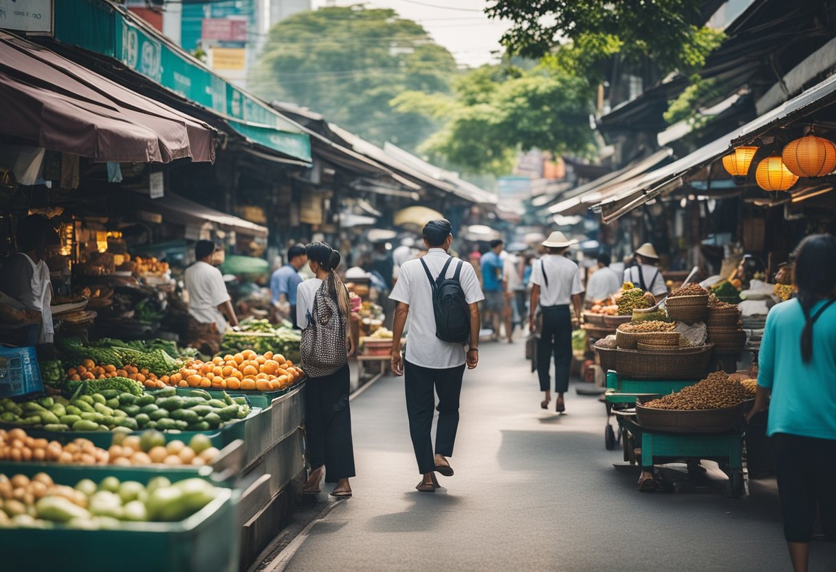 The bustling streets of Bangkok, Thailand's capital, with colorful temples, vibrant markets, and bustling waterways