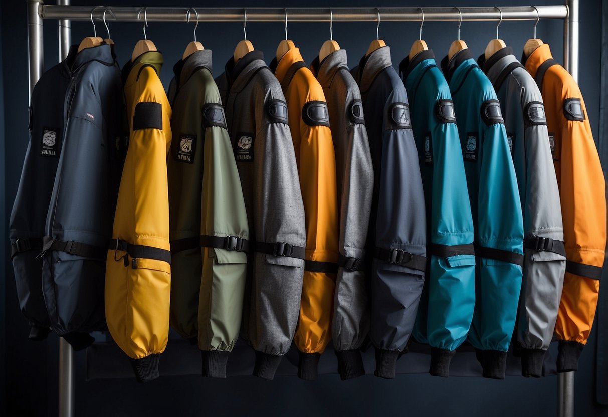 AquaLung Rogue 5 diving jackets hang on a rack, lightweight and sleek, with adjustable straps and vibrant colors, ready for underwater adventure