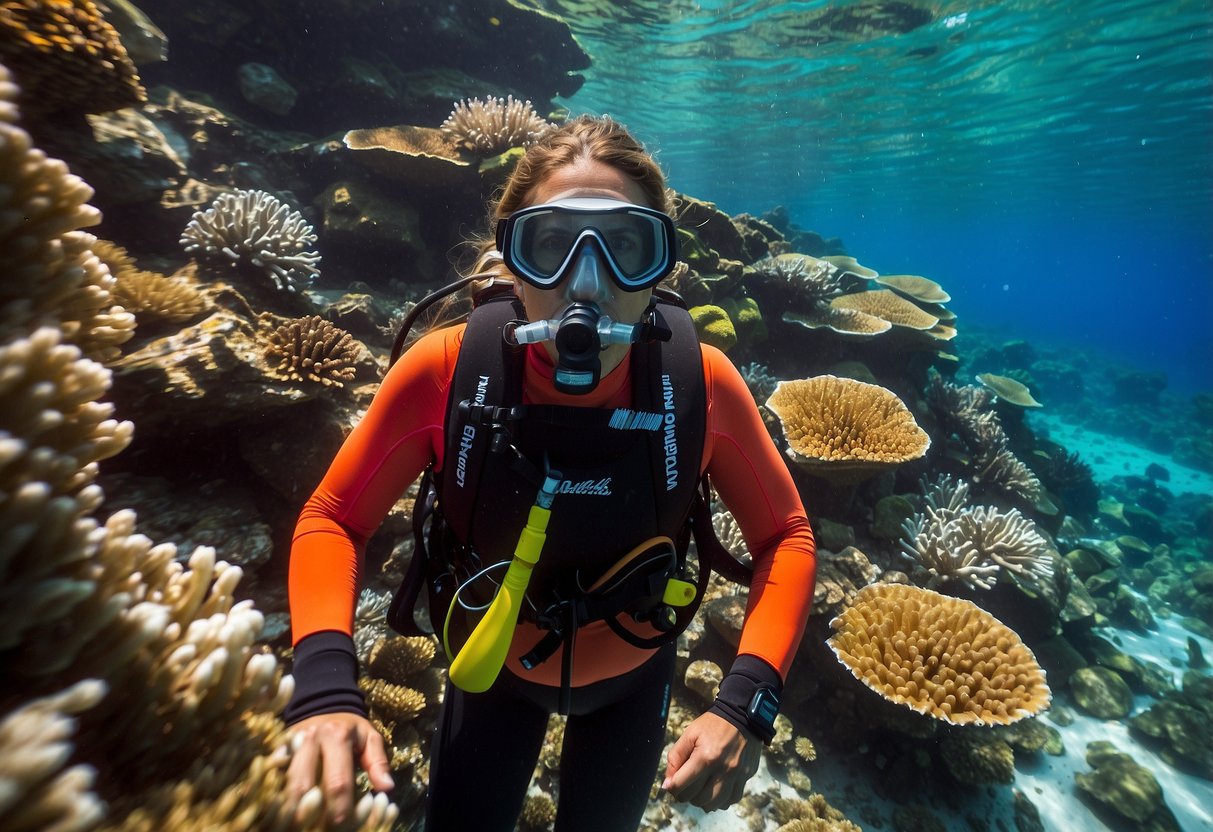 The Hollis HD200 lightweight diving jacket floats on the crystal-clear water, surrounded by colorful coral and vibrant marine life