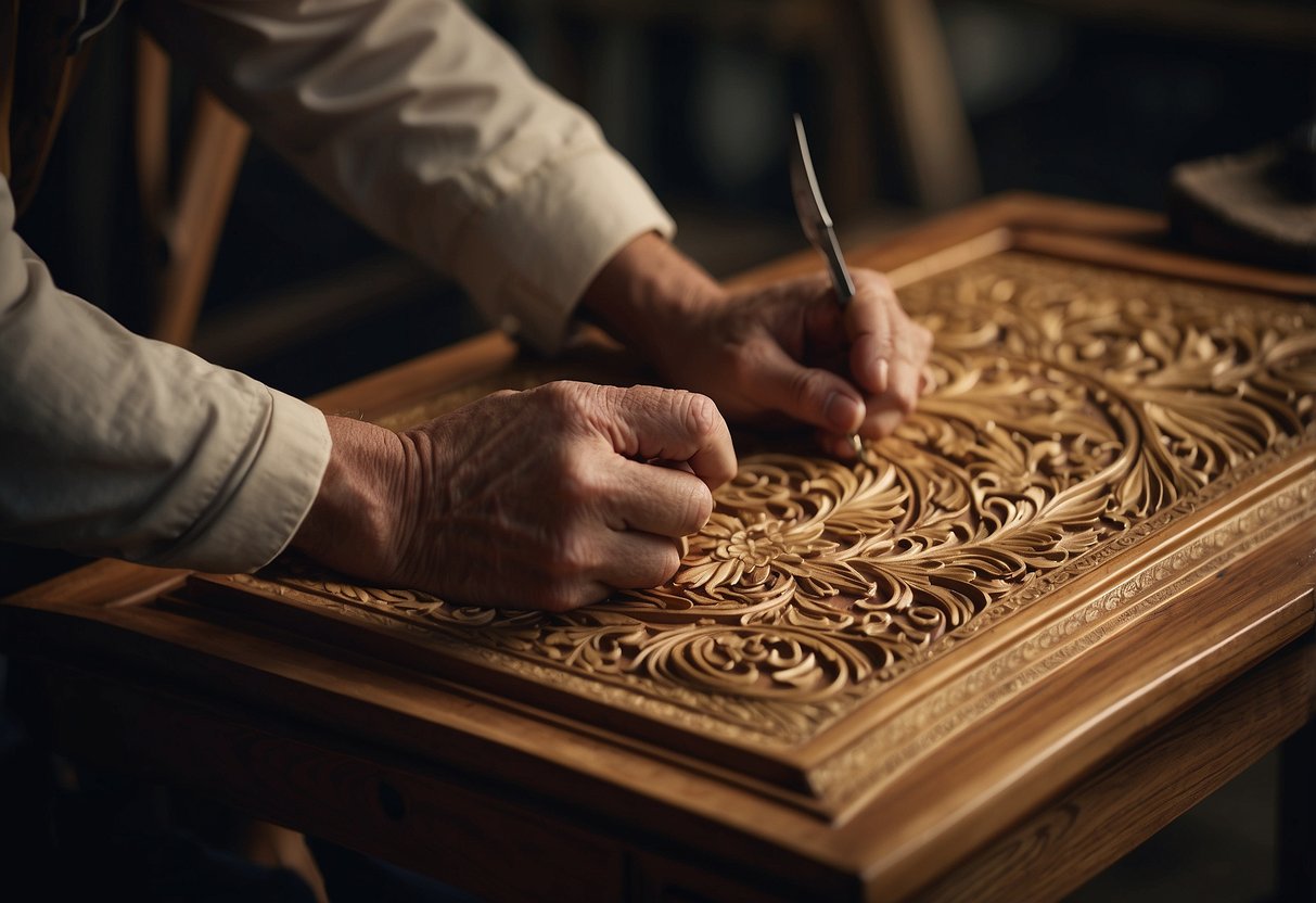 A master craftsman meticulously carves intricate details into a solid wood frame, while another artisan carefully upholsters a luxurious chair with fine fabric
