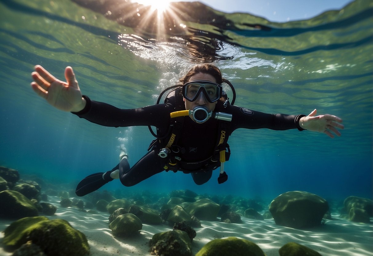 A diver floats effortlessly in the crystal-clear water, wearing a lightweight diving jacket. The jacket provides freedom of movement and buoyancy control, enhancing the diver's experience underwater