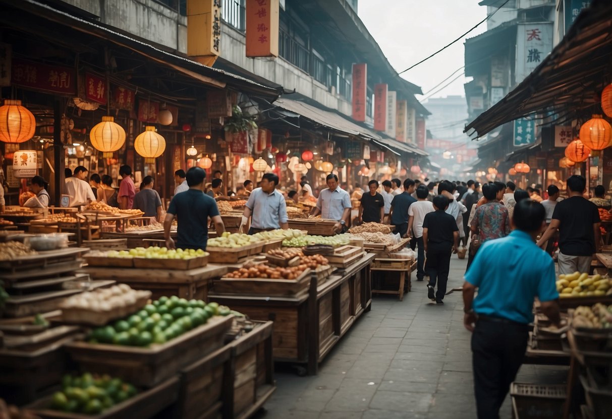 The bustling Foshan furniture market features rows of vendors and customers browsing and negotiating, with colorful displays and signage filling the space