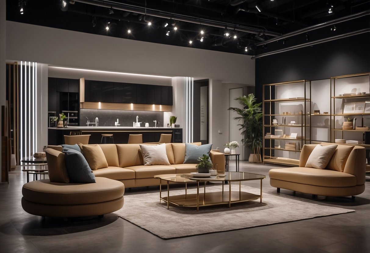A spacious showroom with modern furniture displays arranged in an organized and inviting manner. Bright lighting and minimalistic decor create a sleek and elegant atmosphere