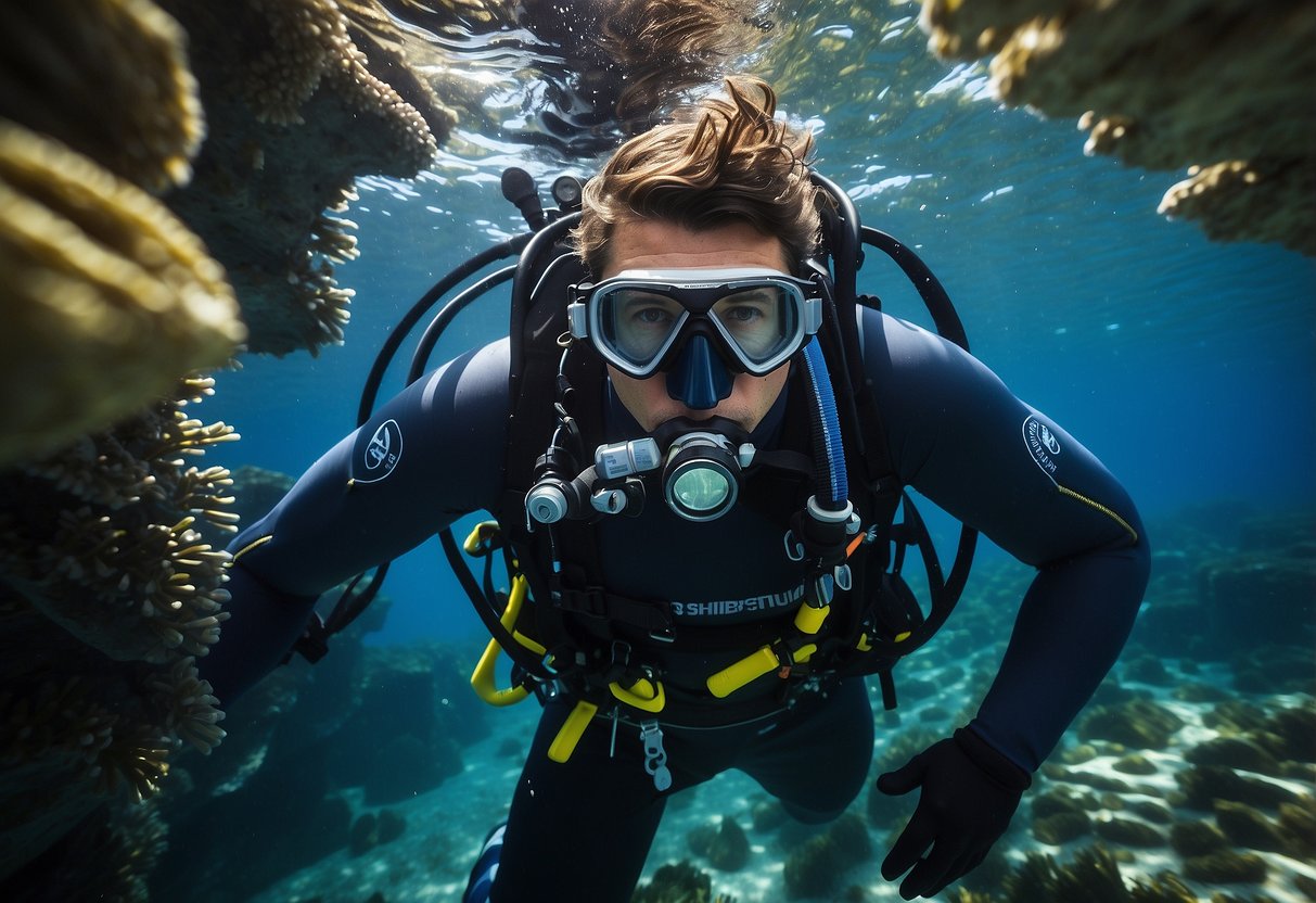 A diver wearing a lightweight jacket, surrounded by clear blue water, with adjustable straps and pockets for gear