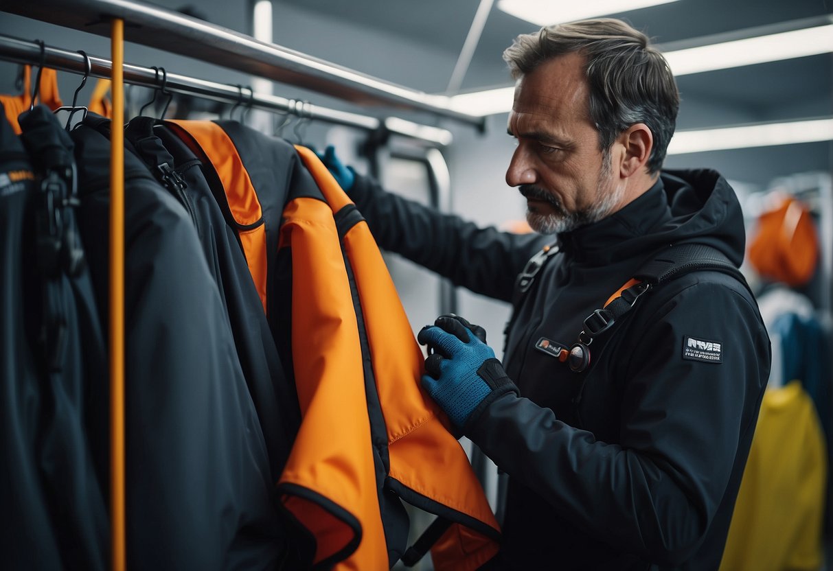 A diver carefully inspecting and cleaning a lightweight diving jacket, hanging on a hanger, with maintenance tools and care products nearby