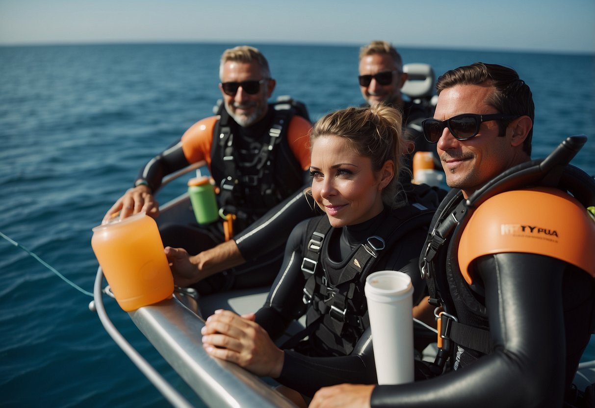 Divers resting on a boat, drinking water, and eating snacks. Stretching and massaging muscles. Applying sunscreen and taking deep breaths. Relaxing and chatting with fellow divers