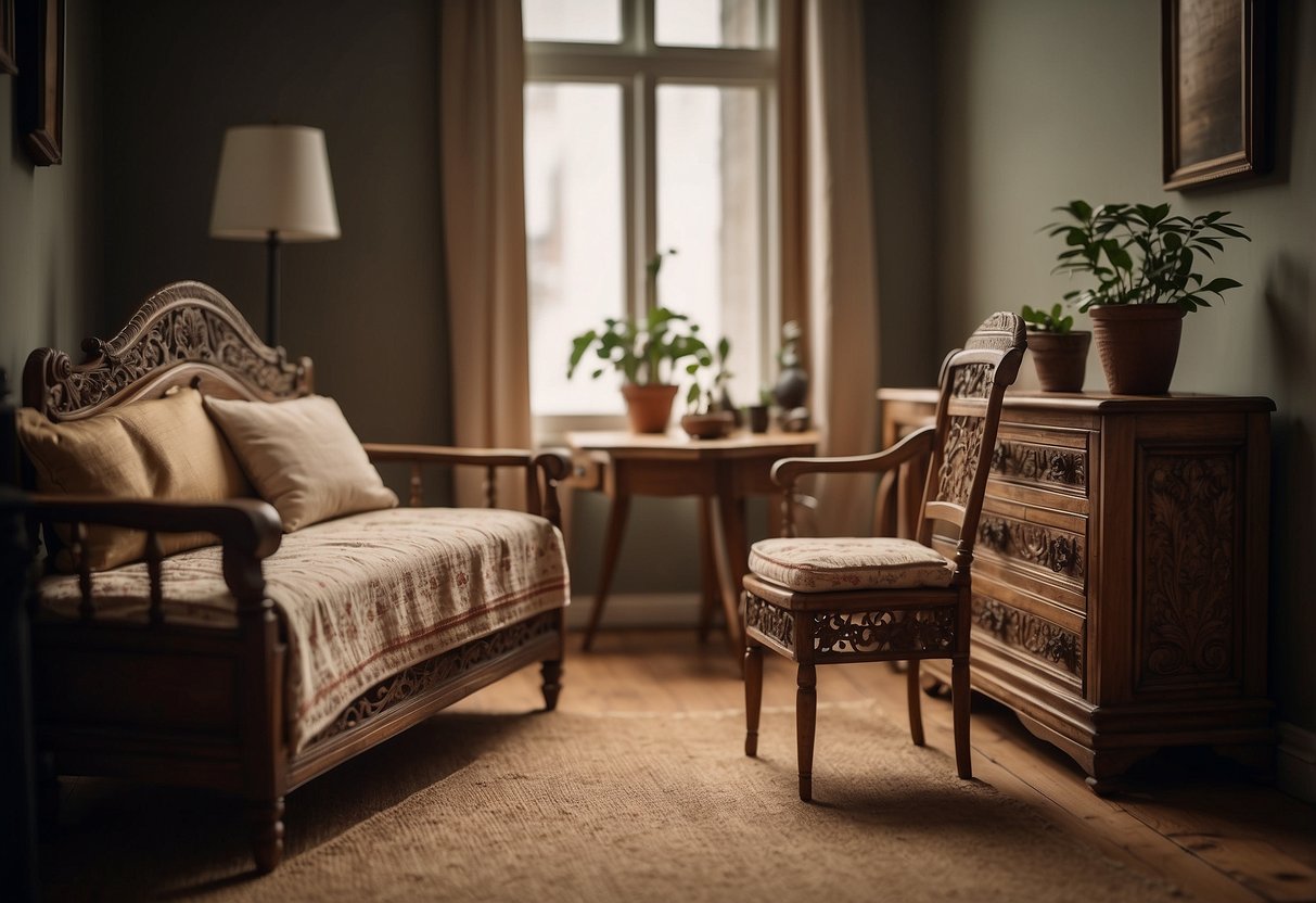 A small wooden table and chairs sit in a cozy corner, with a tiny bed and dresser nearby. The furniture is delicately carved with intricate details, creating a charming and inviting scene