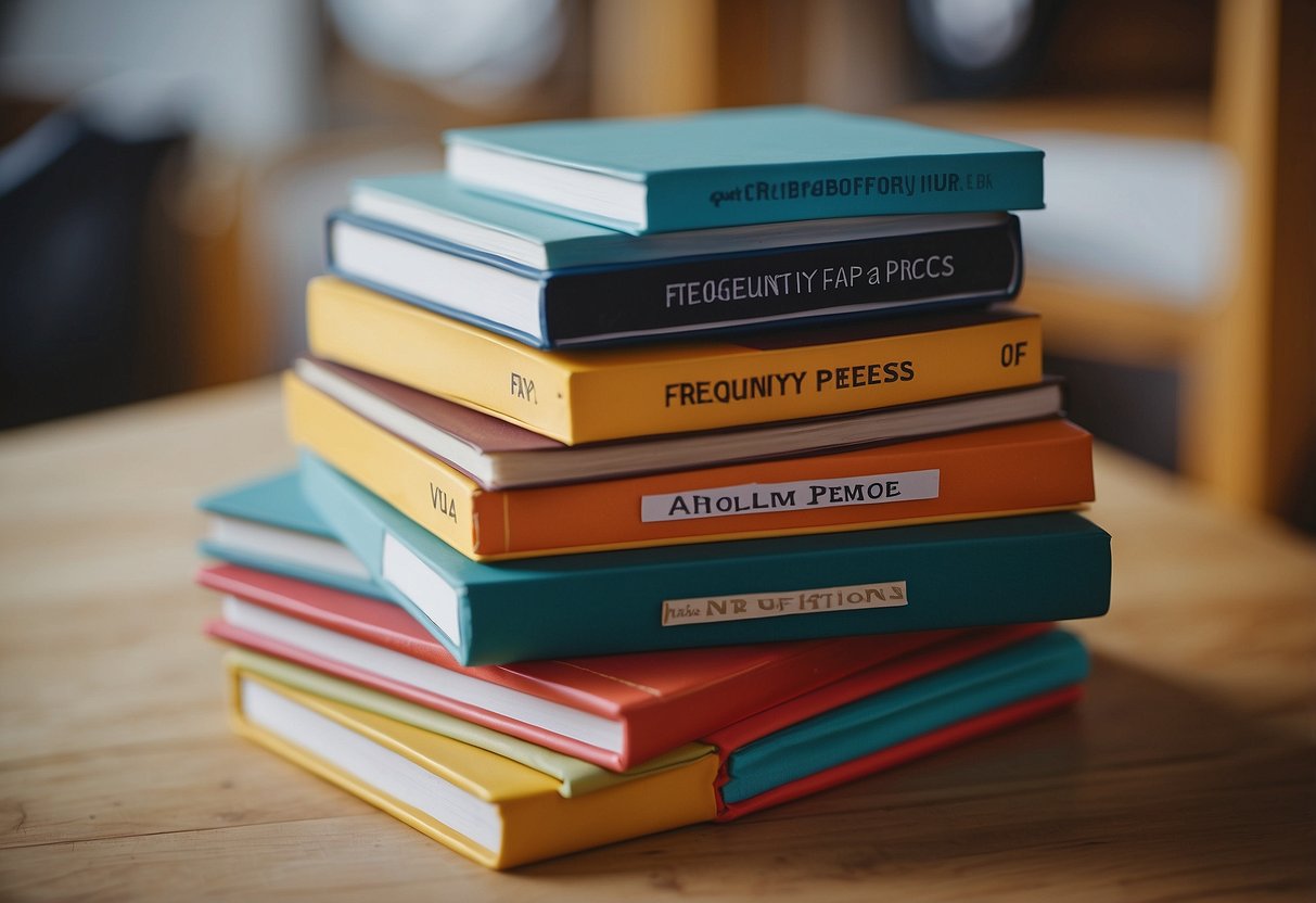 A stack of colorful furniture pieces with a "Frequently Asked Questions" sign on top