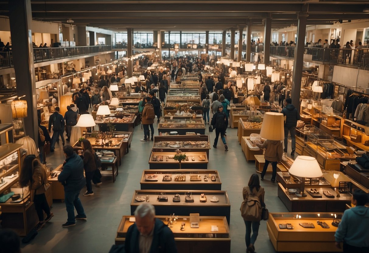 A bustling furniture market with colorful displays and eager shoppers browsing through various styles and designs