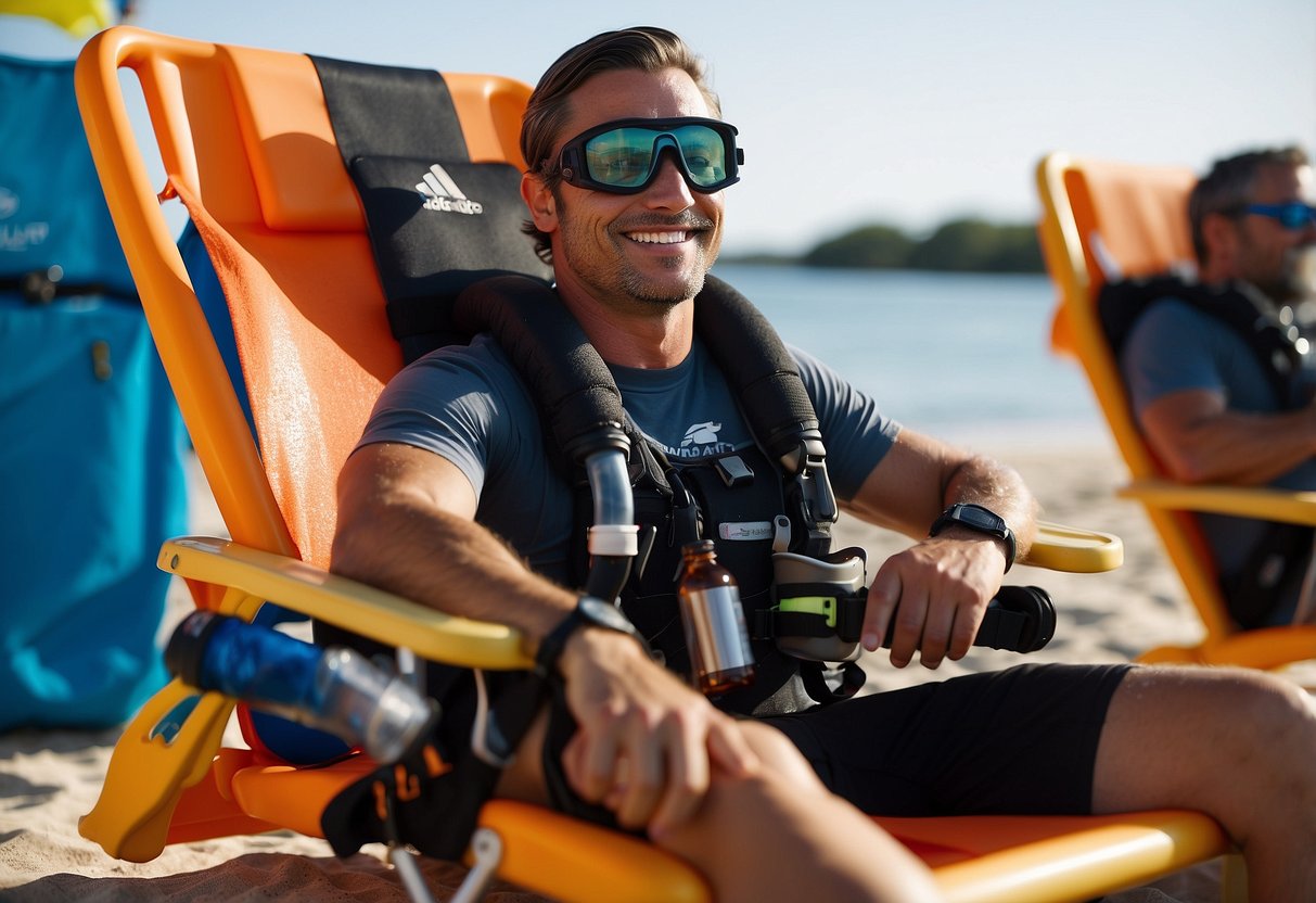 A diver sits on a beach chair, surrounded by water bottles and electrolyte drinks. Sunscreen and a towel are nearby. The diver looks relaxed and refreshed after a successful dive