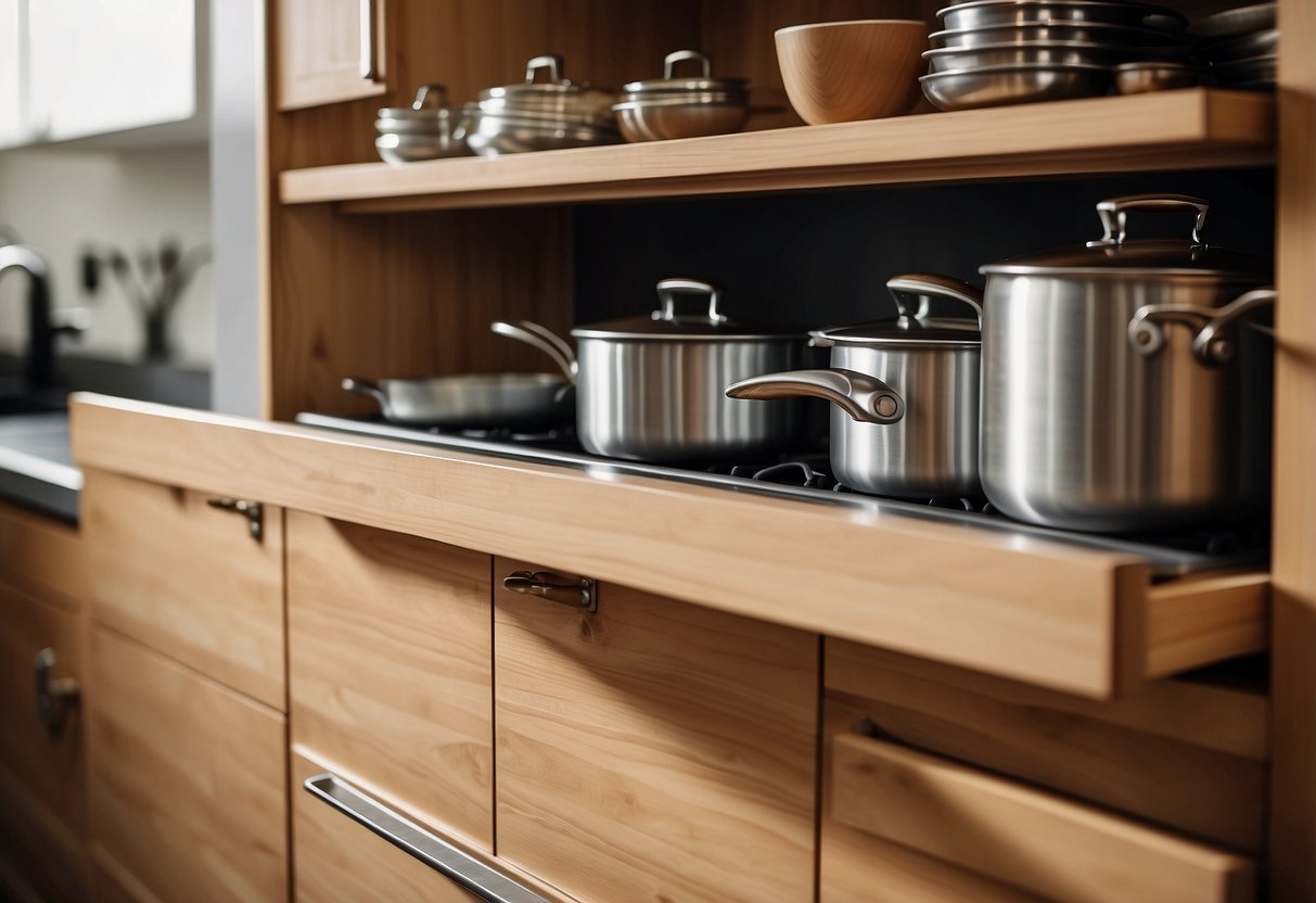A kitchen cabinet filled with pots, pans, and utensils. The doors are closed, and the handles are visible. The cabinet is made of wood with a glossy finish